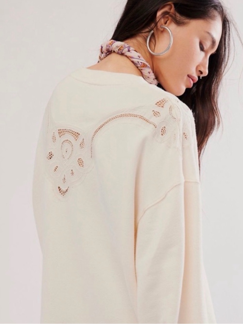 Free People Prairie Sweatshirt Tunic Dress Eyelet Lace Swing Hem Ivory Sz Small - Picture 7 of 9